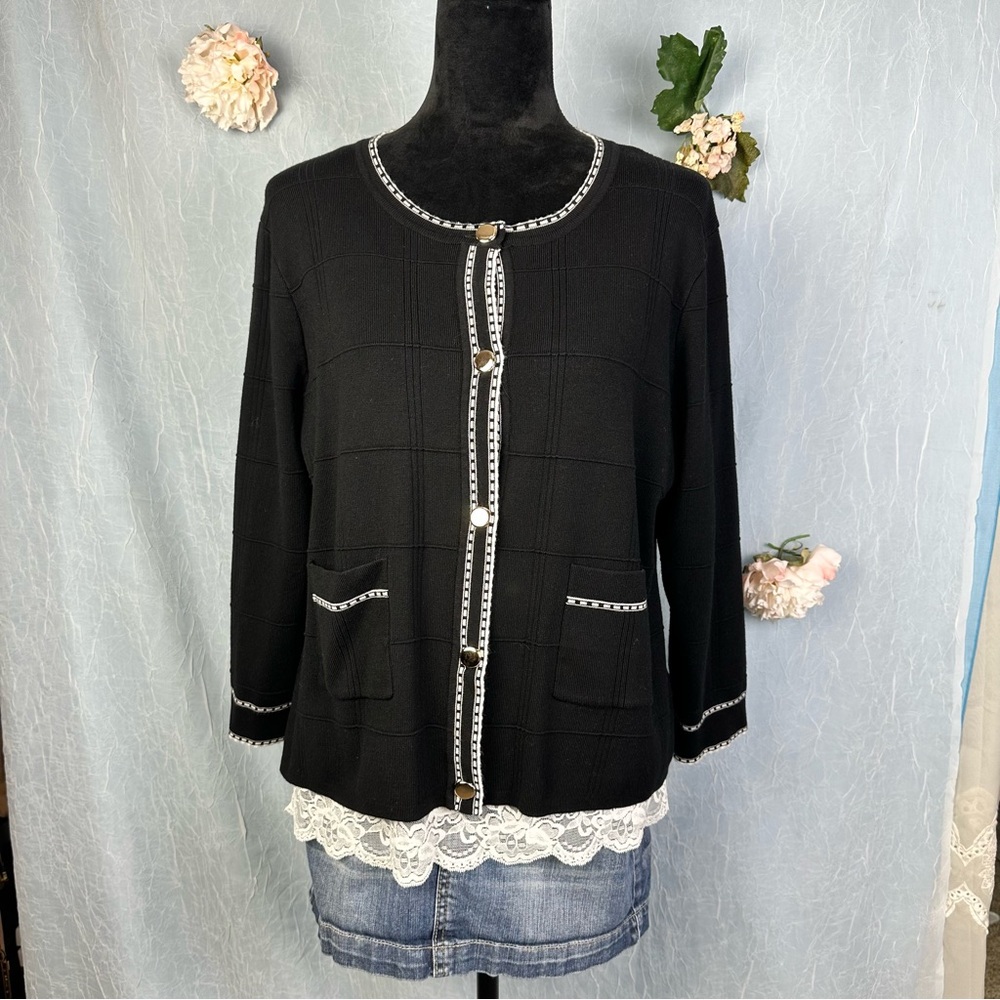 [9] Adrianna Papell Tipped Elegant Black Women's Button-Front Cardigan